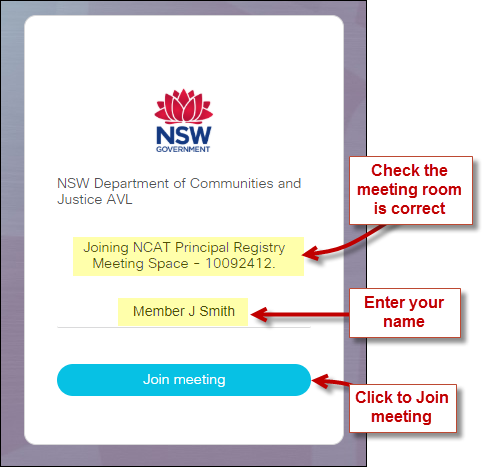 How_to_connect_to_a_hearing_by_video_conference Image demonstrating what fields are required to join a hearing through video conference.